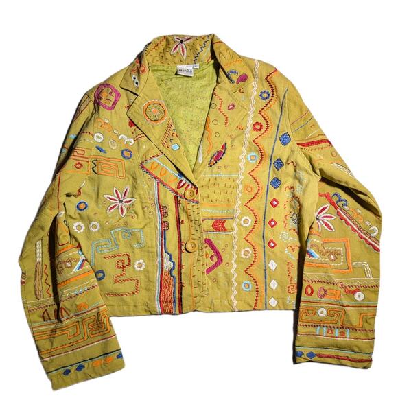 Modcloth Jackets & Blazers - Vtg Y2K Mohito Lime Green Tribal Floral Embroidered Cotton Blazer Jacket Sz L